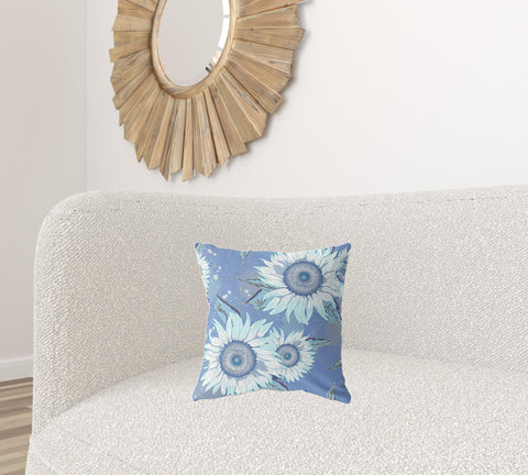 16" X 16" Blue And White Broadcloth Floral Throw Pillow