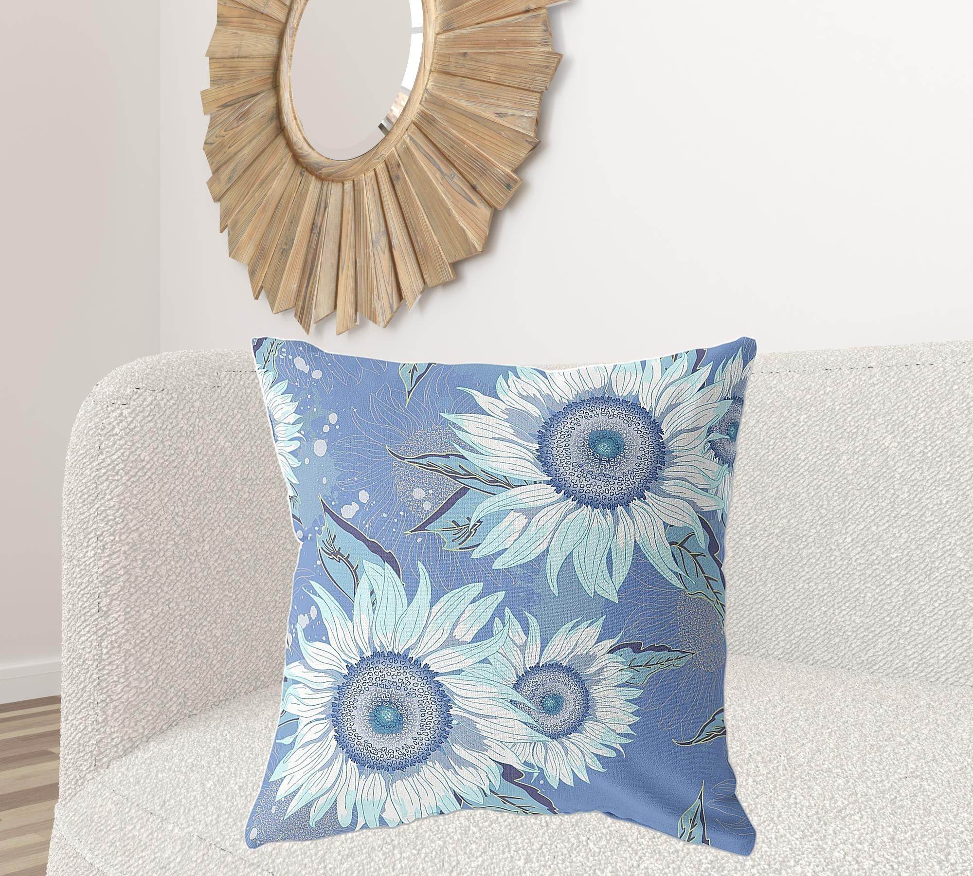 18" X 18" Blue And White Broadcloth Floral Throw Pillow