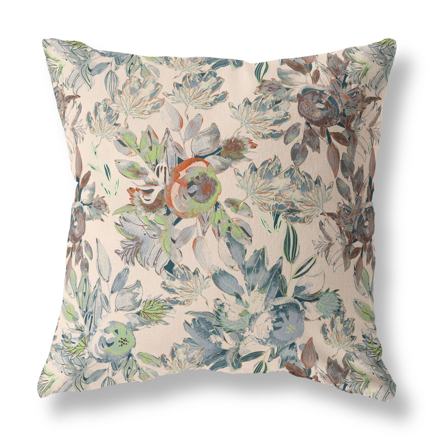 16" X 16" Green And Brown Broadcloth Floral Throw Pillow