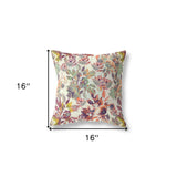 16" X 16" Green, Red And Yellow Broadcloth Floral Throw Pillow