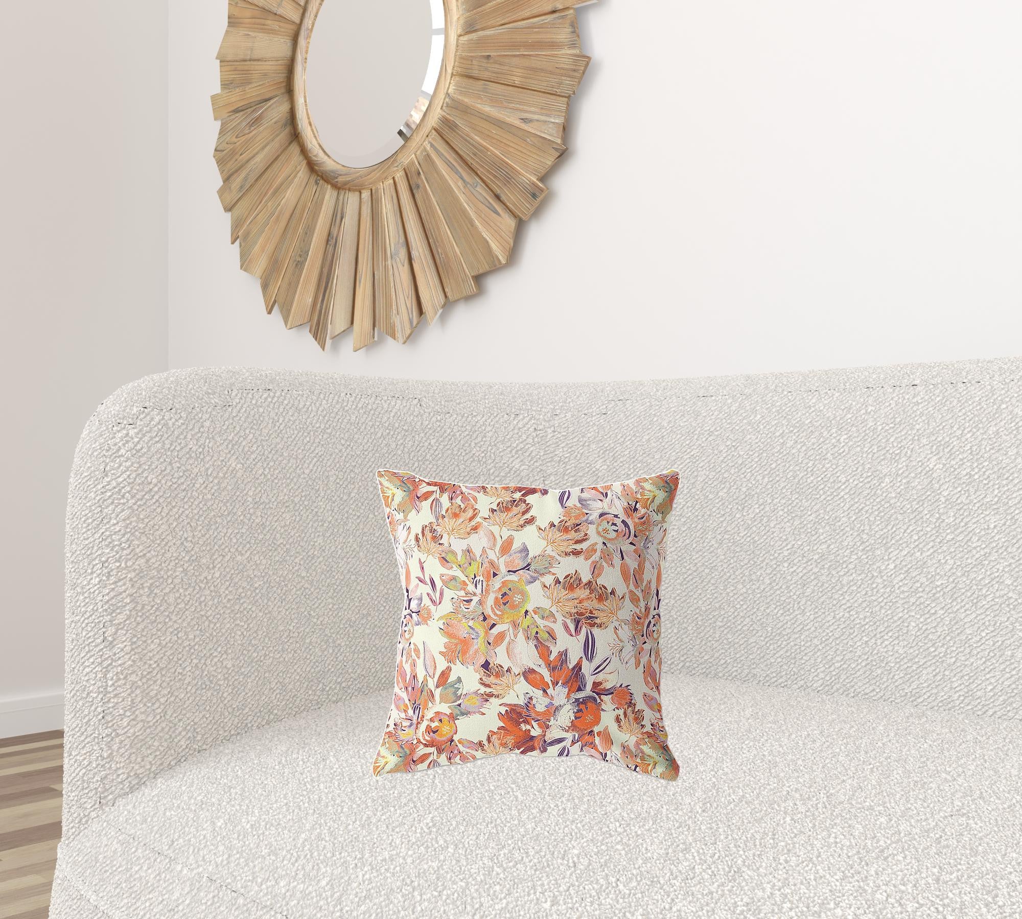 16" X 16" Red, Peach And Cream Broadcloth Floral Throw Pillow