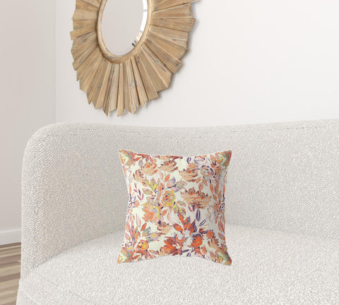 18" X 18" Red, Peach And Cream Broadcloth Floral Throw Pillow