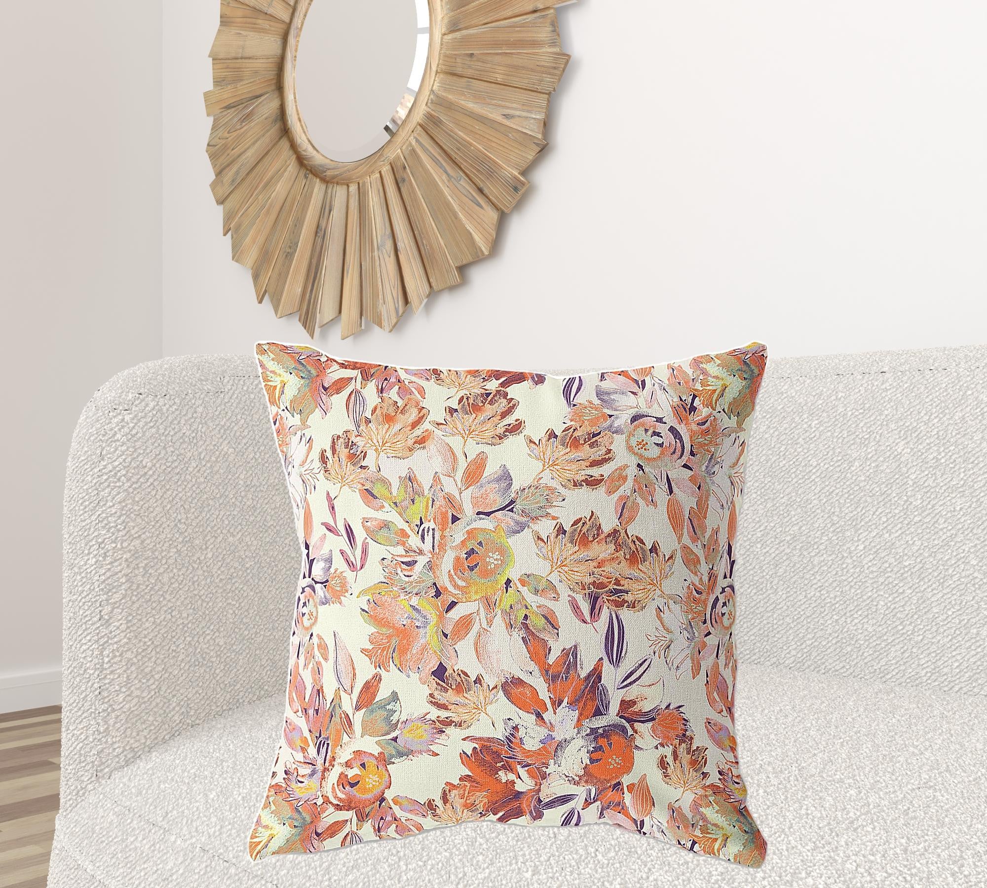 18" X 18" Red, Peach And Cream Broadcloth Floral Throw Pillow