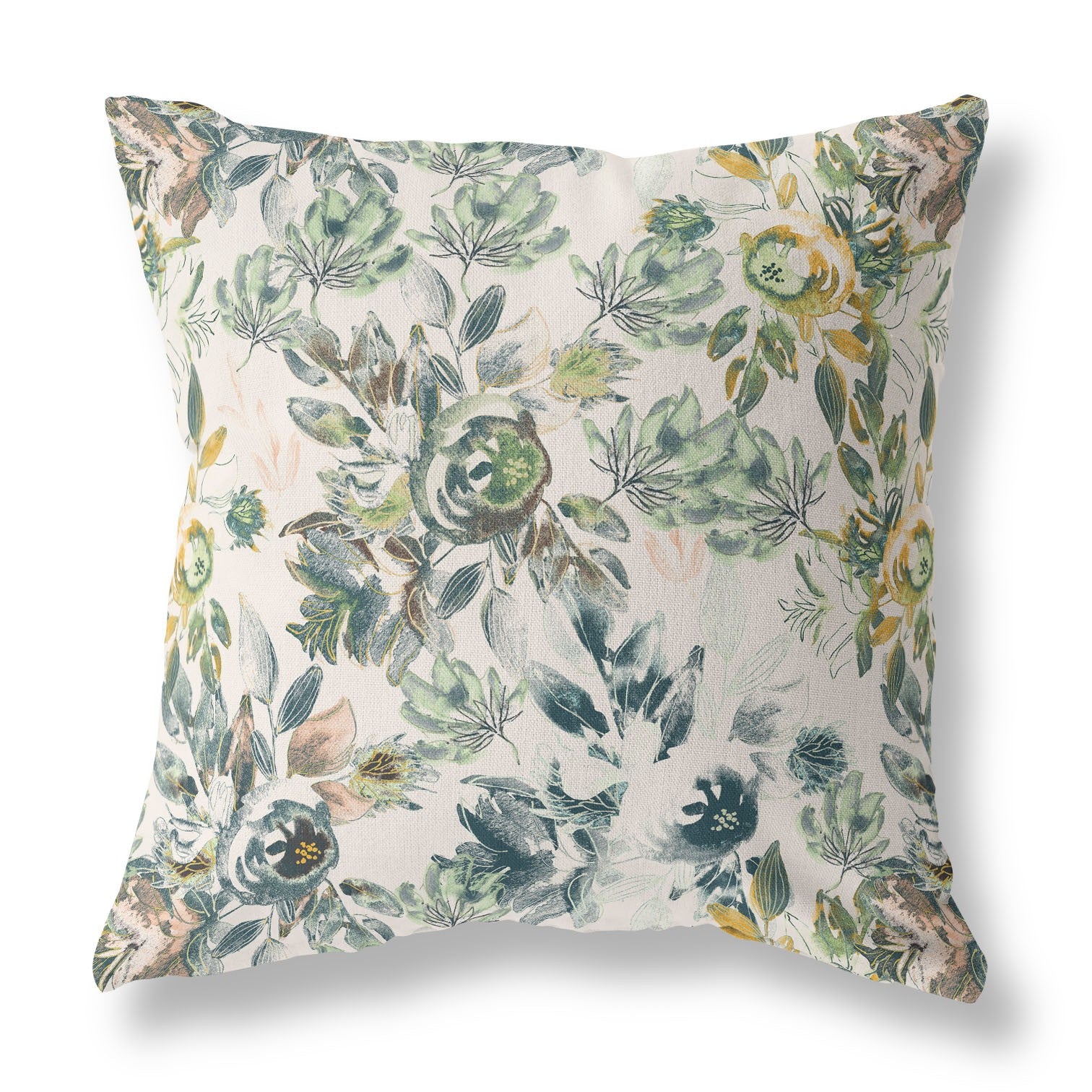 16" X 16" White And Green Broadcloth Floral Throw Pillow