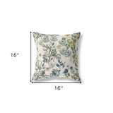 16" X 16" White And Green Broadcloth Floral Throw Pillow