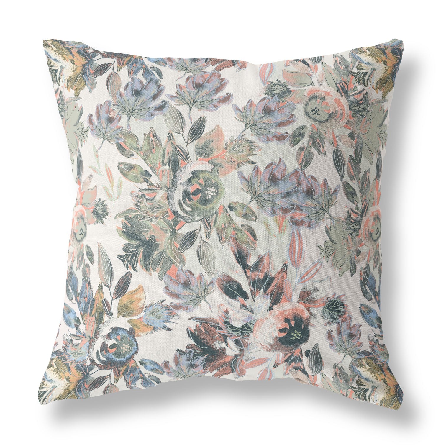 16" X 16" White, Pink And Grey Broadcloth Floral Throw Pillow