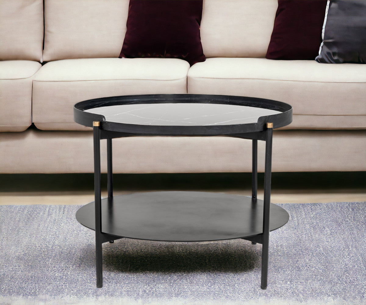 Modern Black Marble Painted Round Metal Coffee Table