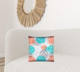 17" X 17" Orange Teal And White Zippered Polyester Floral Throw Pillow Cover