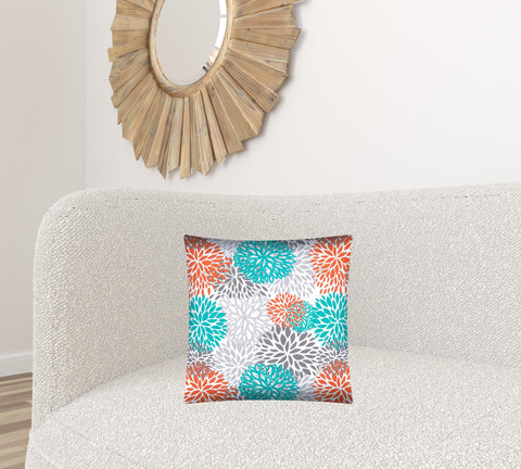 17" X 17" Orange Teal And White Zippered Polyester Floral Throw Pillow Cover