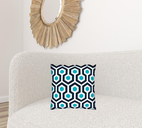 17" X 17" White Navy And Aqua Zippered Polyester Geometric Throw Pillow Cover