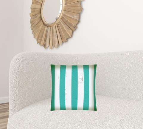 17" X 17" Turquoise And White Zippered Polyester Striped Throw Pillow Cover