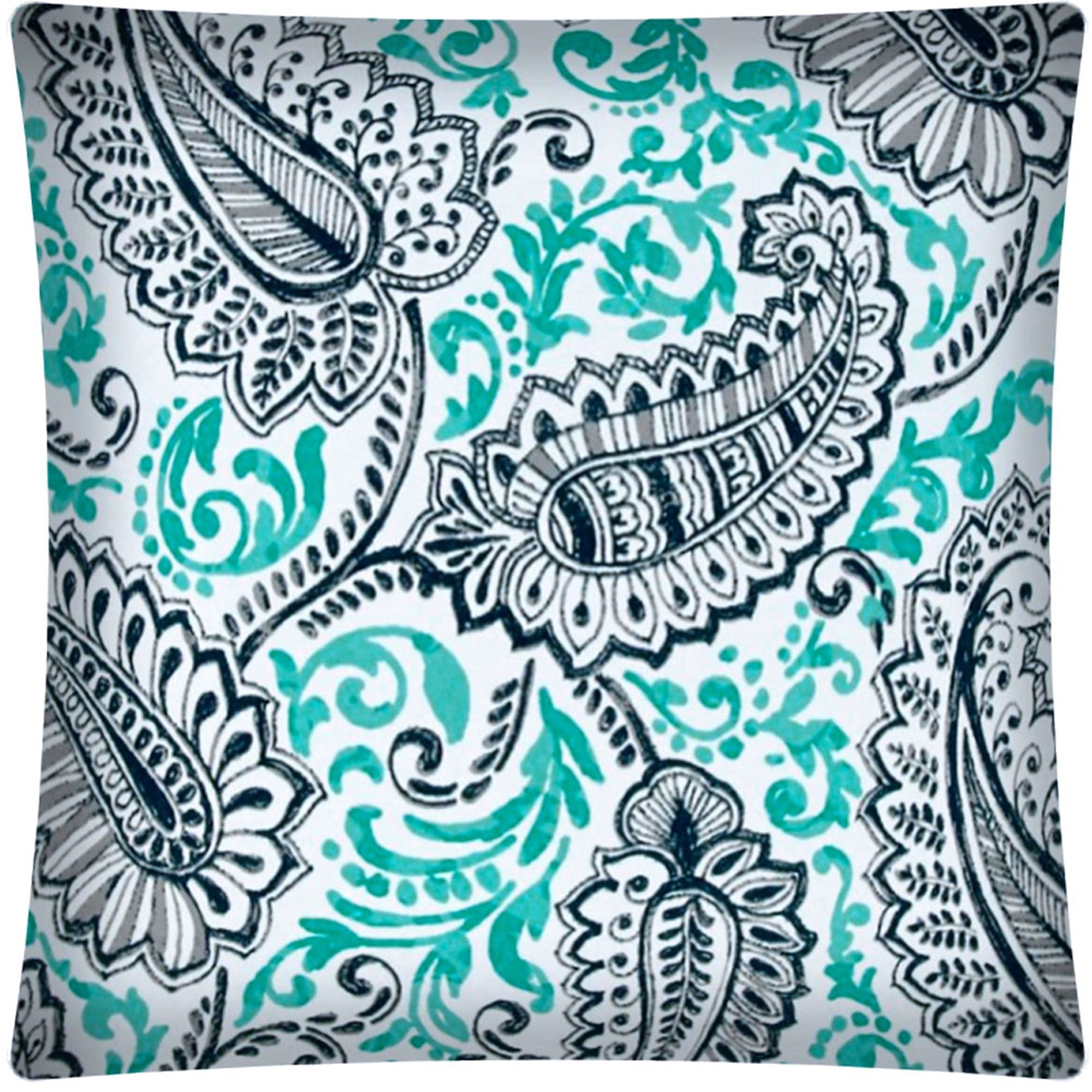 17" X 17" Navy Turquoise And White Zippered Polyester Paisley Throw Pillow Cover