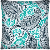 17" X 17" Navy Turquoise And White Zippered Polyester Paisley Throw Pillow Cover