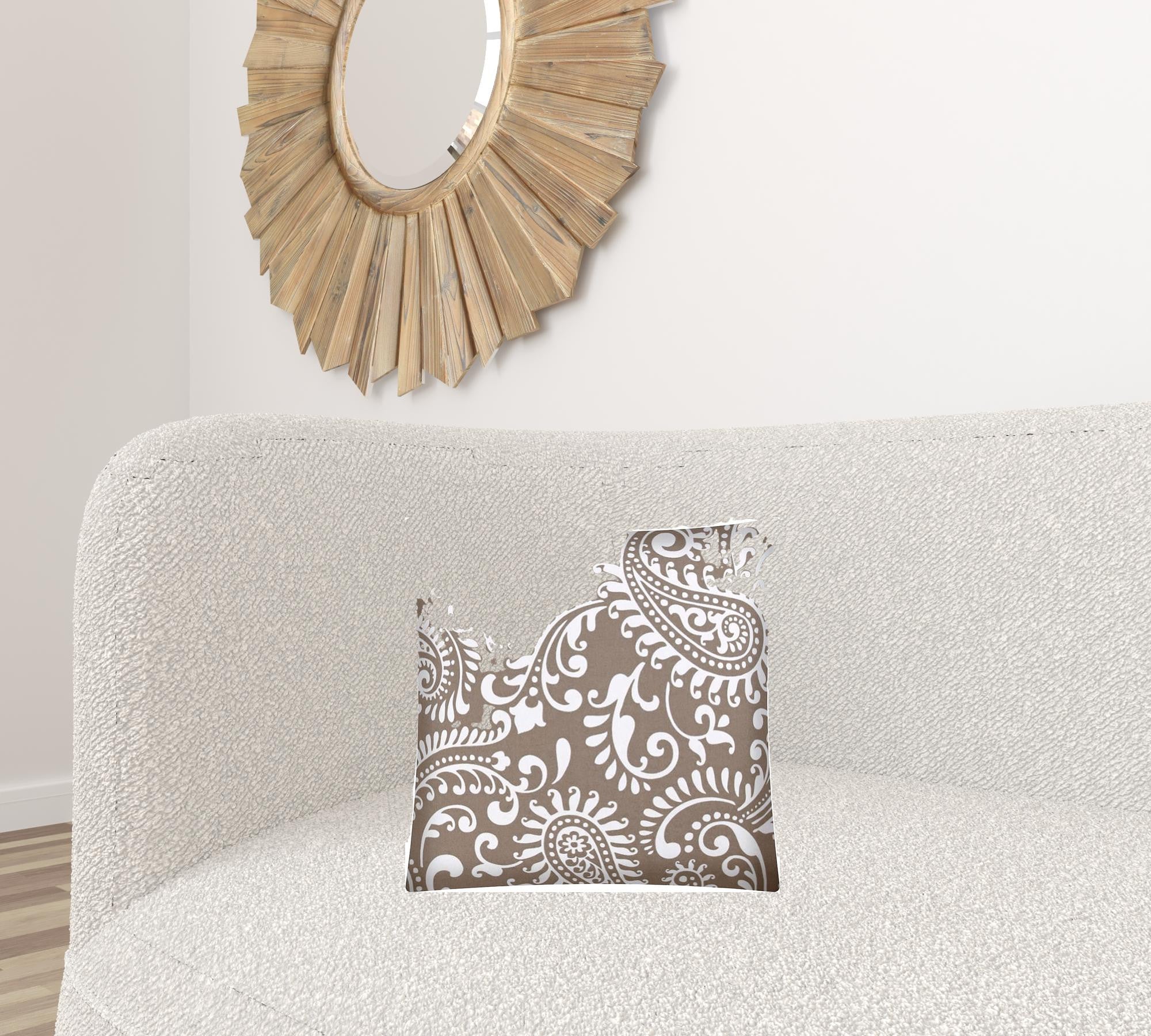 17x17 Taupe And White Zippered Polyester Paisley Throw Pillow Cover