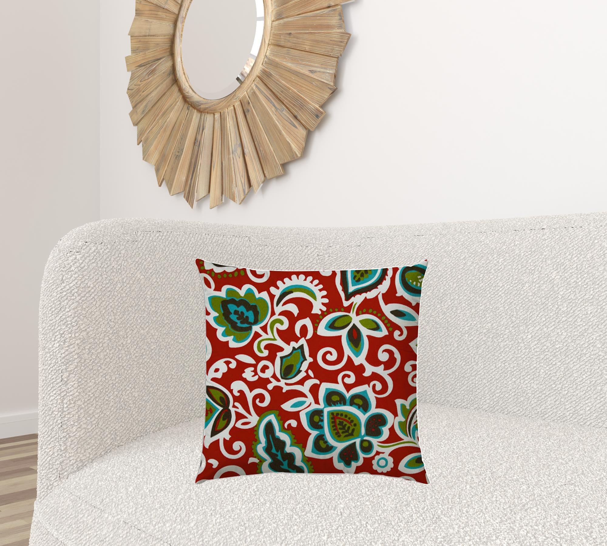 20" X 20" Red And Aqua Green Zippered Polyester Floral Throw Pillow Cover