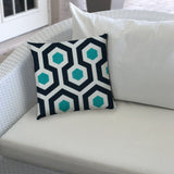 20" X 20" White Navy And Aqua Zippered Polyester Geometric Throw Pillow Cover