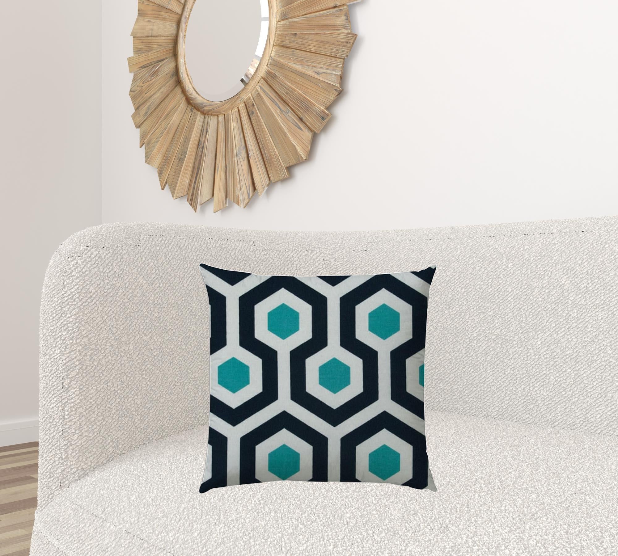 20" X 20" White Navy And Aqua Zippered Polyester Geometric Throw Pillow Cover