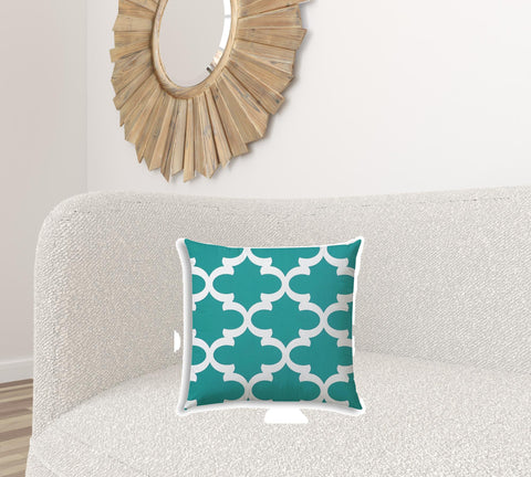 20" X 20" Turquoise And White Zippered Polyester Quatrefoil Throw Pillow Cover