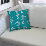 20" X 20" Turquoise And White Zippered Polyester Coastal Throw Pillow Cover