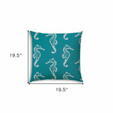 20" X 20" Turquoise And White Zippered Polyester Coastal Throw Pillow Cover