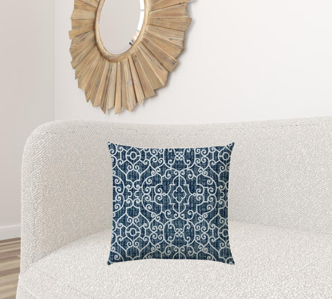 20" X 20" Indigo Blue And Navy Zippered Polyester Stencil Throw Pillow Cover