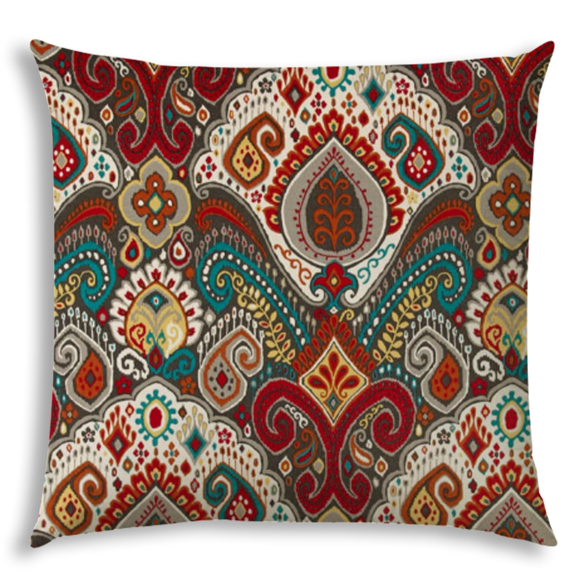 20" X 20" Teal Red And Gray Zippered Polyester Paisley Throw Pillow Cover