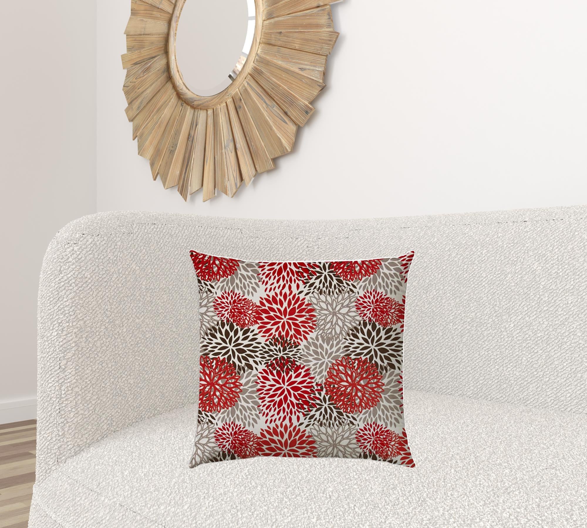 20" X 20" Red Taupe And White Zippered Polyester Floral Throw Pillow Cover