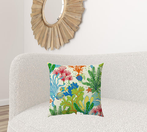 20" X 20" Green Blue And Ivory Zippered Polyester Floral Throw Pillow Cover