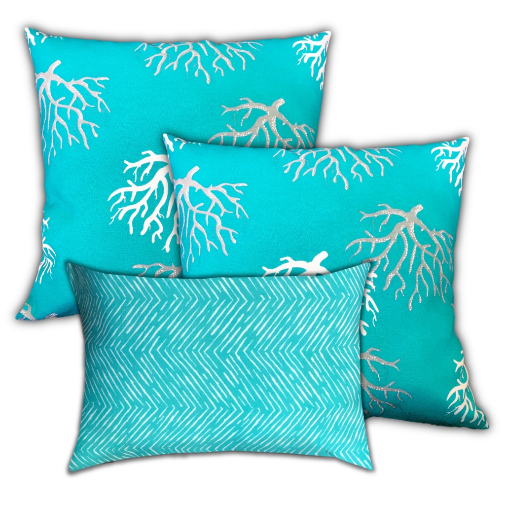 Set Of Three 19" X 19" Ocean Blue And White Zippered Coastal Throw Indoor Outdoor Pillow Cover