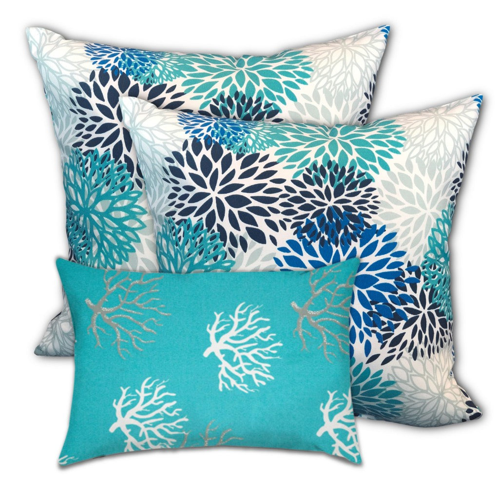 Set Of Three 19" X 19" Ocean Blue And White Zippered Floral Throw Indoor Outdoor Pillow Cover