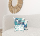 Set Of Three 19" X 19" Blue And White Zippered Floral Throw Indoor Outdoor Pillow Cover