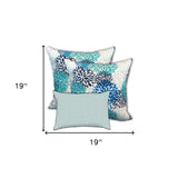 Set Of Three 19" X 19" Blue And White Zippered Floral Throw Indoor Outdoor Pillow Cover