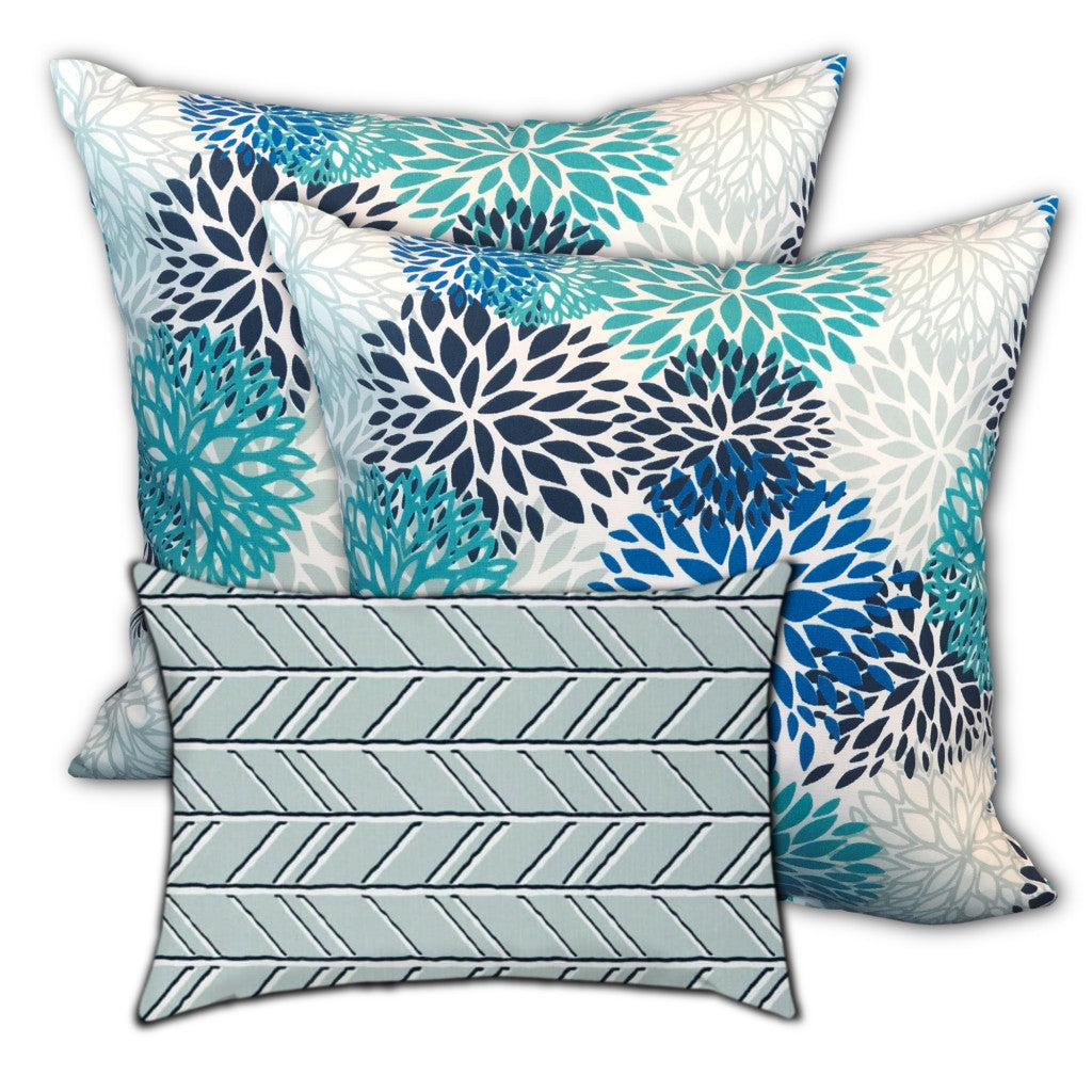 Set Of Three 19" X 19" Blue And White Zippered Floral Throw Indoor Outdoor Pillow Cover