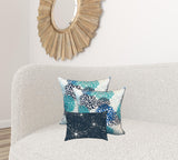 Set Of Three 19" X 19" Blue And White Zippered Floral Throw Indoor Outdoor Pillow Cover