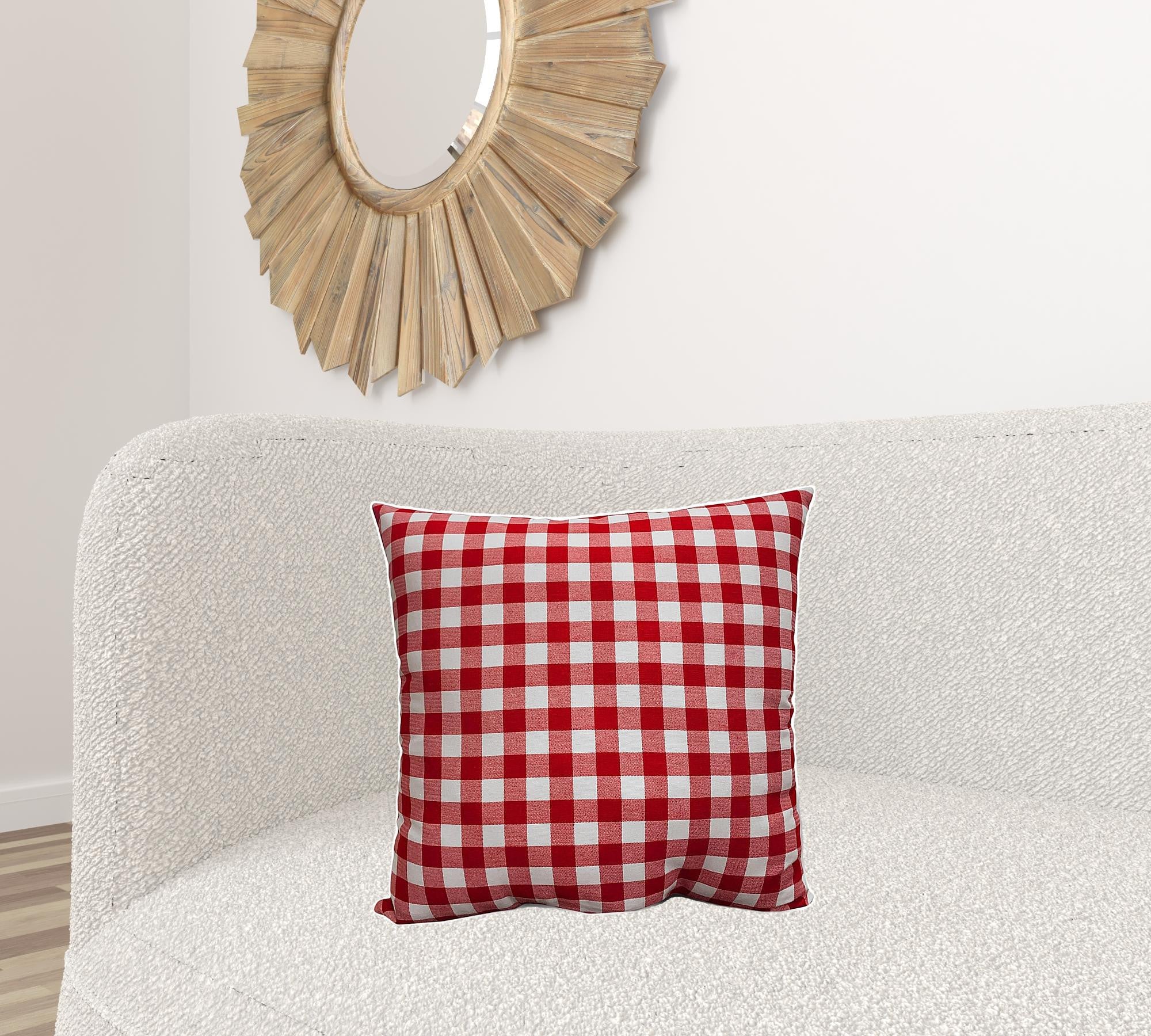 20" X 20" Red Gray And White Zippered 100% Cotton Plaid Throw Pillow Cover