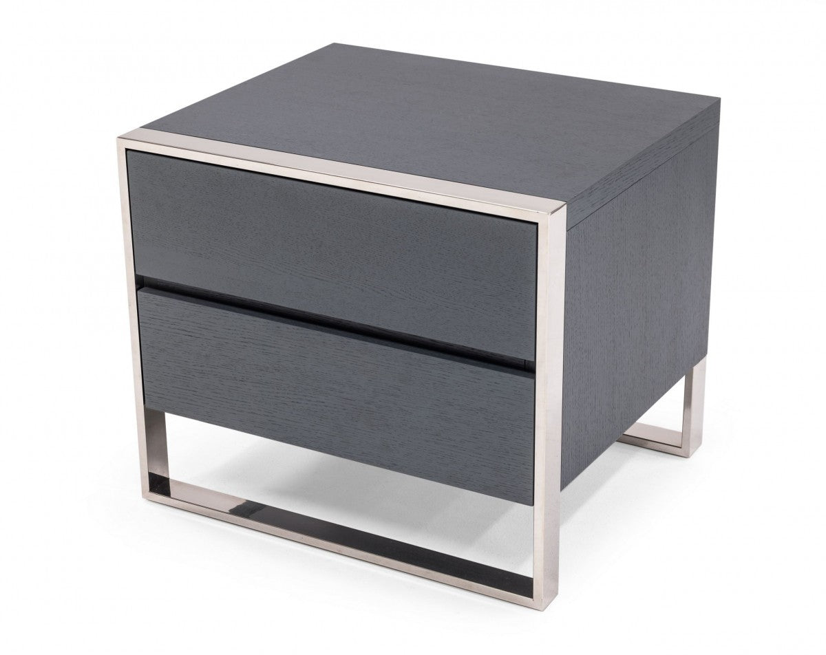 Modern Gray and Stainless Steel Nightstand With Two Drawers