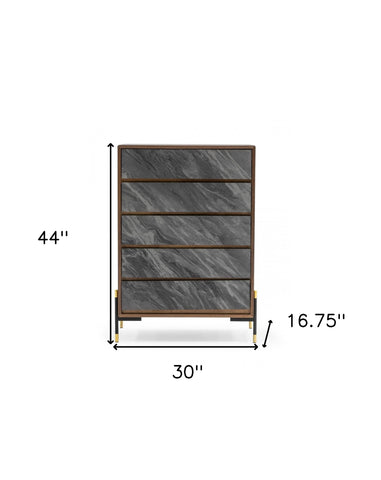 30" Walnut And Grey Manufactured Wood Five Drawer Chest