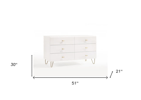 51" White Manufactured Wood Six Drawer Double Dresser