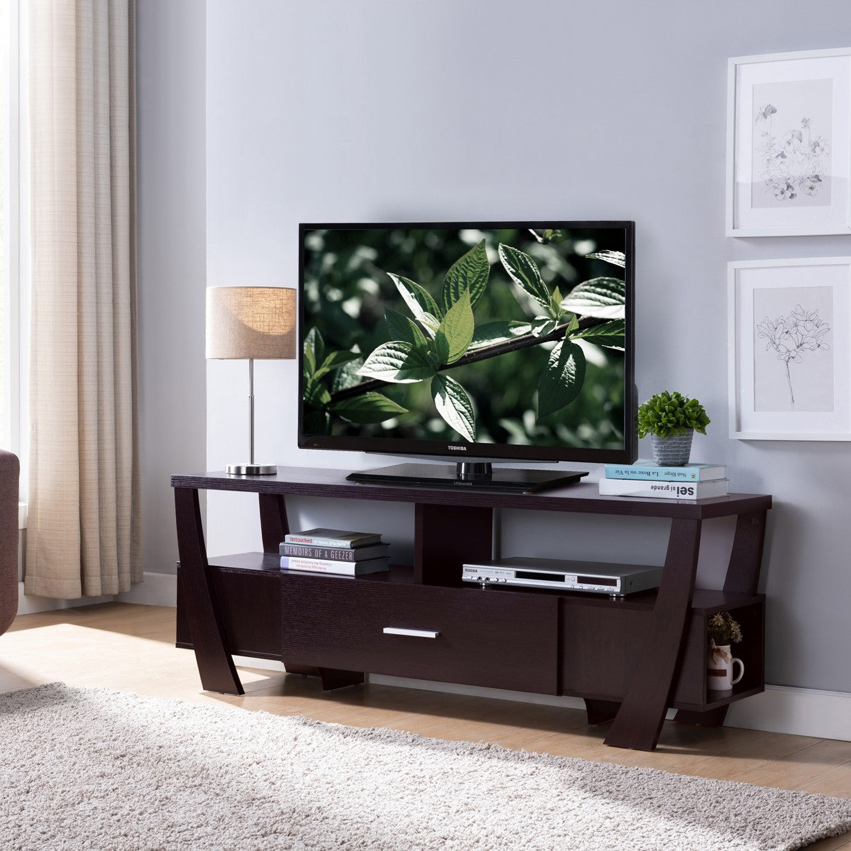 60" Dark Brown Particle Board And Mdf Cabinet Enclosed Storage TV Stand