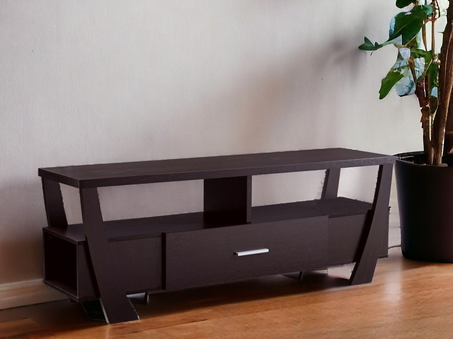 60" Dark Brown Particle Board And Mdf Cabinet Enclosed Storage TV Stand