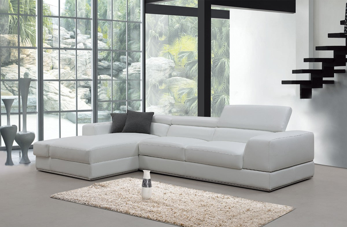 White Genuine Leather L Shaped Two Piece Sofa and Chaise Sectional With Console