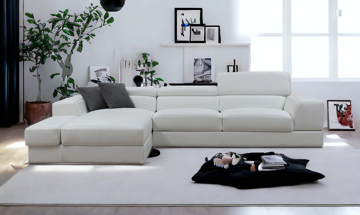 White Genuine Leather L Shaped Two Piece Sofa and Chaise Sectional With Console