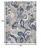 8' X 10' Blue And Gray Floral Stain Resistant Indoor Outdoor Area Rug