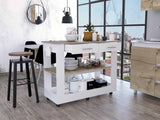 Light Oak and White Kitchen Island with Drawer Shelves and Casters