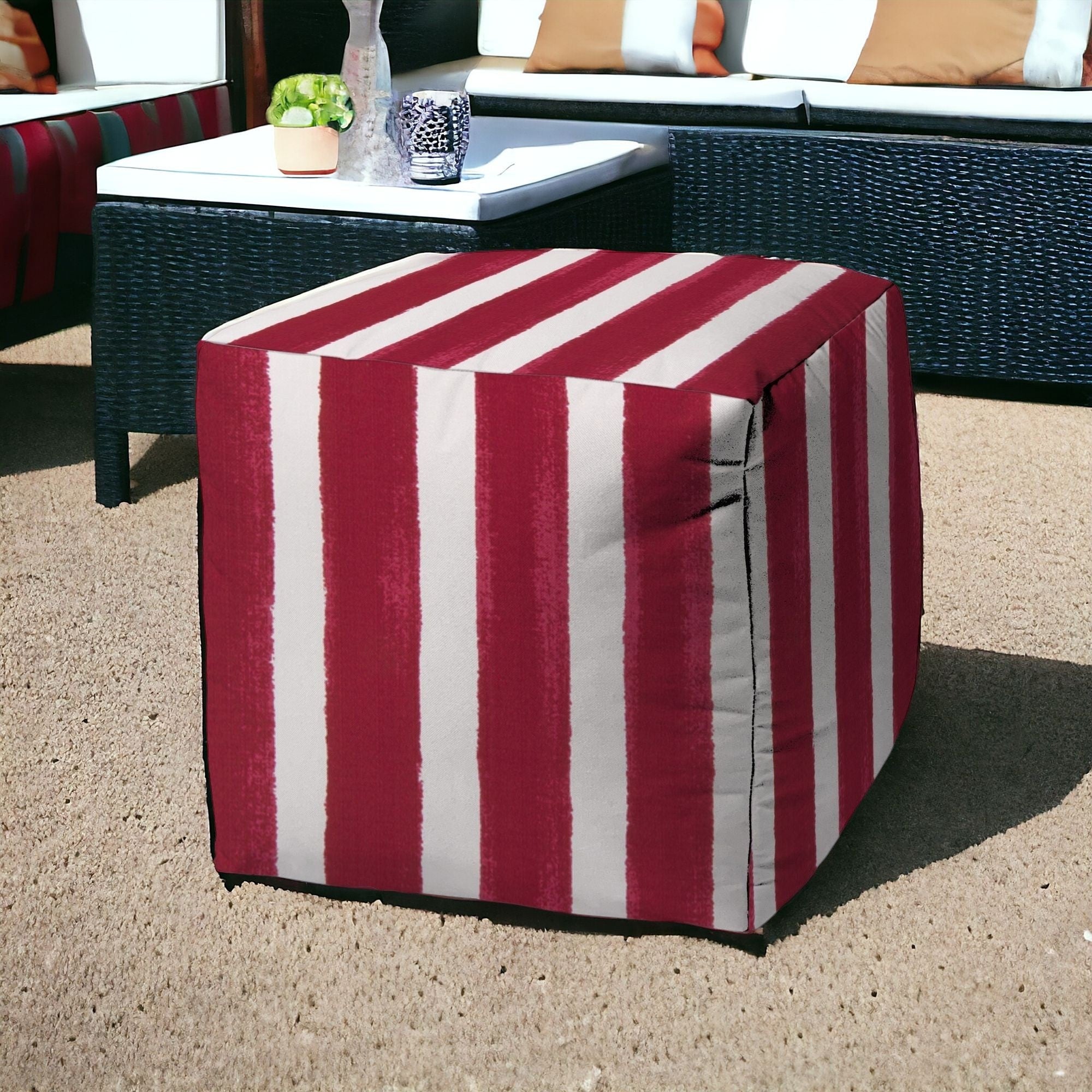 17" Pink Polyester Cube Striped Indoor Outdoor Pouf Ottoman