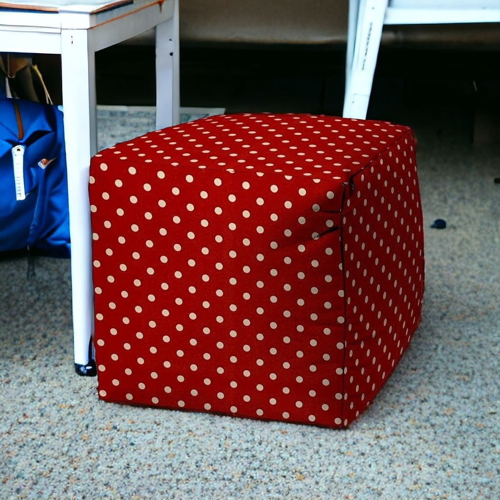 17" Red Polyester Cube Polka Dots Indoor Outdoor Pouf Ottoman