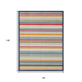 8' X 10' Ivory And Blue Striped Stain Resistant Indoor Outdoor Area Rug