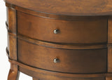 26" Medium Brown And Umber Solid And Manufactured Wood Oval End Table With Two Drawers And Shelf