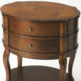 26" Medium Brown And Umber Solid And Manufactured Wood Oval End Table With Two Drawers And Shelf