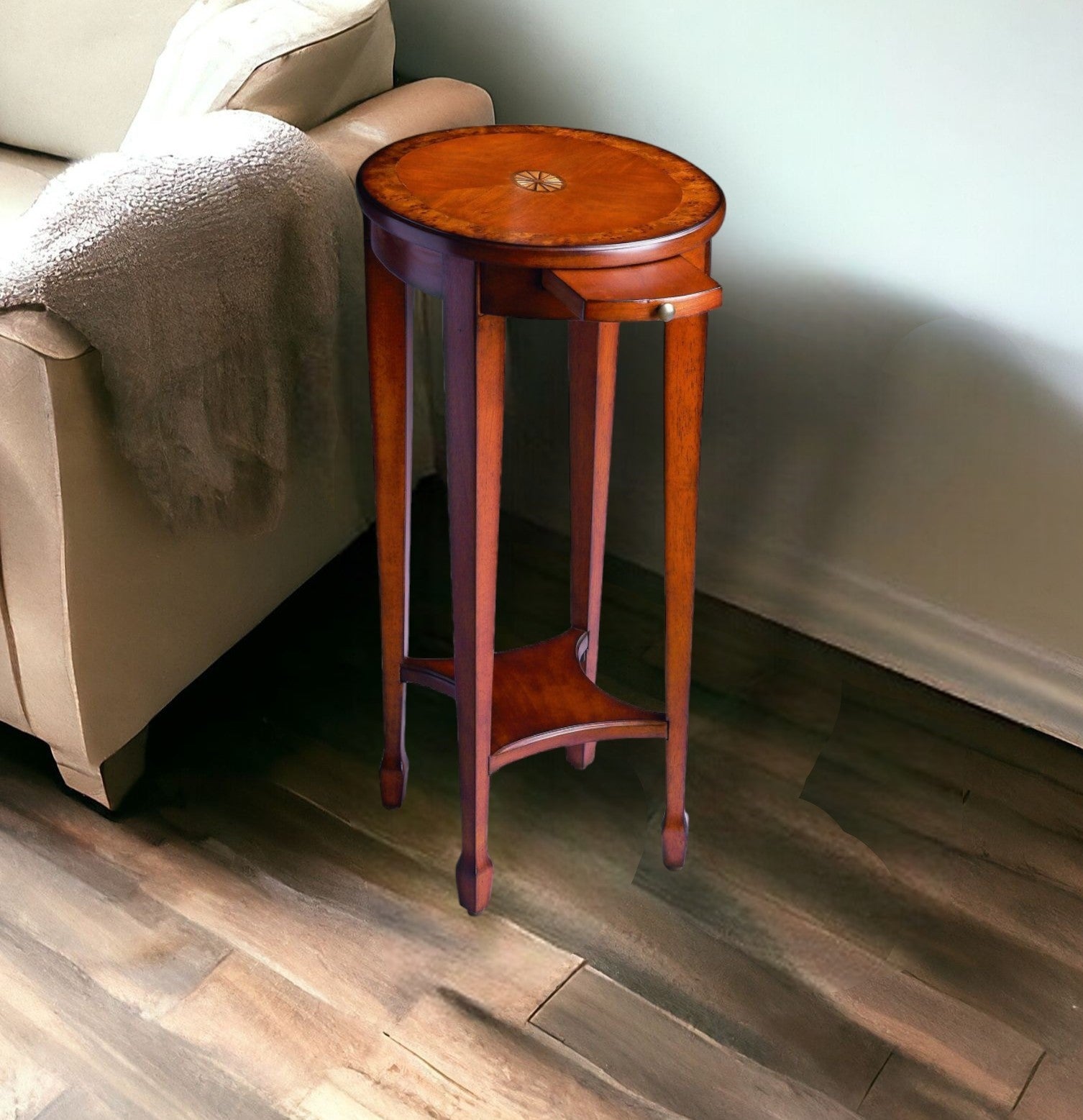 26" Medium Brown And Olive Ash Manufactured Wood Oval End Table With Shelf